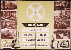 cca 1960 MÁVAUT térkép hétoldalán közlekedési témájú képekkel 80x60 cm