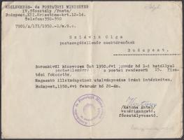 1950 Katona Antal postaügyi miniszter által aláírt kinevezés