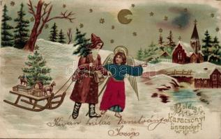 Christmas, St Nicholas with angel, Emb. litho (EB)