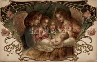 Christmas, Jesus with angels, Emb. litho (b)