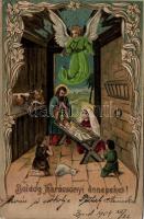 Christmas, holy family, Emb. litho, silk card (EK)