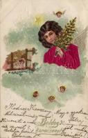 Christmas, angel with christmas tree, Emb. litho, silk card (b)