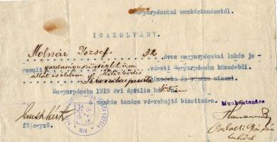 1919 Igazolás a Magyarpécskai munkástanácstól lakhelyváltoztatásról