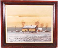 Olvashatatlan jelzéssel: Téli tanya. Olaj, farost keretben, 51×61 cm