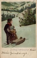 Christmas, decorated greeting card, litho