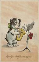 Nameday, dog with saxophone, litho