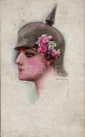 German lady, military; Italian art postcard s: Usabal (wet damage)