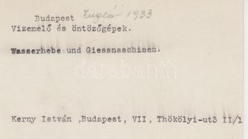1943 Kerny István (1879-1963): Vízemelő és öntözőgépek Zuglóban. Vintage fotó, feliratozva, 14,5x23c...