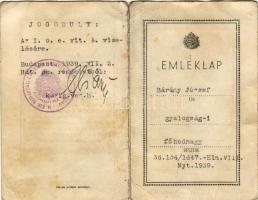 1939. Emléklap (fényképes), amely egyenruha és I. oszt. ezüst vitézségi érem viselésére jogosít fel