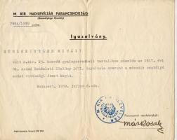 1939. Igazolvány a II. osztályú ezüst vitézségi érem kiadásáról