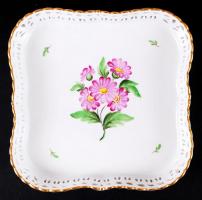 Herendi rózsás áttört tál, kézzel festett, jelzett, hibátlan, 18×17 cm