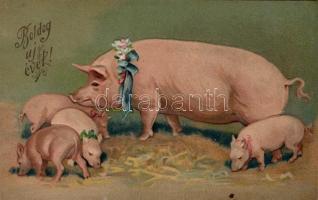 New Year, pigs, Emb. litho