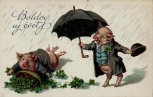 New Year, pigs, umbrella, clover, litho