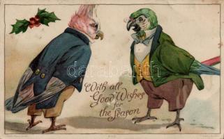 "With all good wishes for the season", parrots, humour, litho, Ernest Nister (fa)