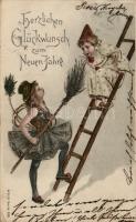 New Year, clown and chimney sweeper, Emb. litho (EK)