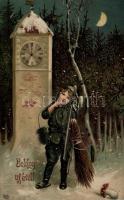 New Year, chimney sweeper, clock, Emb. litho (EK)