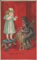 Krampus, girl, Emb. litho