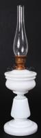 Szakított tejüveg petróleumlámpa burával /  Milk glass oil lamp with shade, 47cm