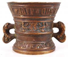Füles bronz mozsár törő nélkül, latin felirattal, m:10 cm, d:11 cm