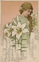 1899 Woman with flower, Art Nouveau, litho