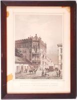 cca 1850 Ludwig Rohbock (1820-1883) - J. Richter: Részlet a Király útczából Pesten. Ein Theil der Königsgasse in Pesth. Acélmetszet, jelzett, üvegezett keretben /  Budaest, Király street. Steel engraving in frame, 21,5x16cm