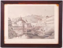 cca 1850 Ludwig Rohbock (1820-1883) - J. Richter: Császármalmok és Császárfördő Budán. Kaisermühlen und Kaiserbad in Ofen. Acélmetszet, jelzett, üvegezett keretben /  Buda, Emperor's Mills and Emperor's Bath. Steel engraving in frame, 21,5x16cm