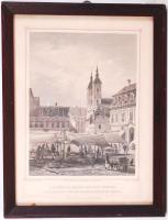 cca 1850 Ludwig Rohbock (1820-1883) - J. Riegel: Haltér s a Városi egyház Pesten [Belvárosi plébániatemplom]. Fischplatz und Stadtpfarrkirche in Pesth. Acélmetszet, jelzett, üvegezett keretben /  Steel engraving in frame, 21,5x16cm