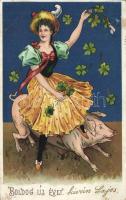 New Year, lady, pig, litho