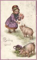 New Year, girl, pigs, litho (EK)