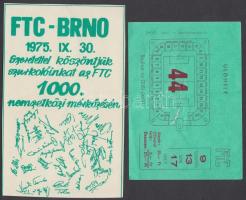 1975 Az FTC 1000. nemzetközi mérkőzésének jegye és emléklapja, FTC - Brno