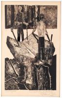 Stettner Béla (1928 - 1984): Fahasogatók. Monotípia, papír, jelzett, dedikálással, Üvegezett keretbe...