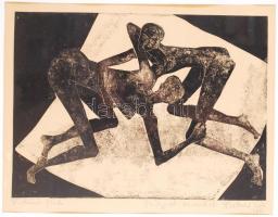 Stettner Béla (1928 - 1984): Birkózó fiúk. Monotípia, papír, jelzett, dedikálással, Üvegezett keretb...