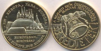 Lebó Ferenc (1960-) 1992. "Expo92-Sevilla" aranyozott fém emlékérem (42mm) + 1993. 10. 15-18. "56-os Magyarok Világtalálkozója / Ébredjetek!" aranyozott emlékérem (42,5mm) díszdobozban T:PP