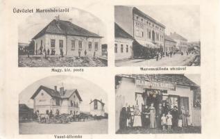 Maroshévíz railway station, post office, Hotel Maros, shop of Sámuel Slamovits (EK)