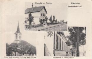 Temeskenéz railway station, church, town hall (wet damage)