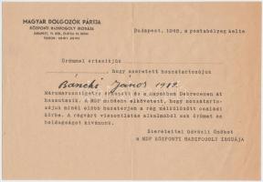 1948 Az MDP Központi Hadifogoly Irodájának értesítő levele hadifogoly hazatértéről