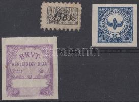 1914 Budapesti Közúti Vasút Társaság bérletjegydíj + MÁV előfizetés nyugta bélyeg, összesen 3 db