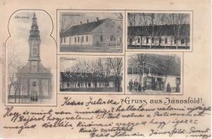 Jánosföld, church, shop of Franz Laufer, rectory (fl)