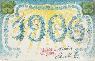 1906 New Year, floral, Emb. litho