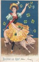 New Year, lady, pig, litho (EK)