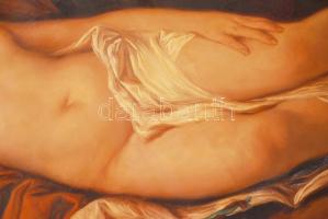 Coppedé Carlo (1868-1952): Alvó Vénusz. Olaj, vászon, jelzett, sérült, antik jó keretben, 70×100 cm