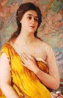 Jávor Pál (1880-1923): Sárgaruhás ifjú hölgy. Olaj, vászon, jelzett, sérült antik keretben, 103×72 c...