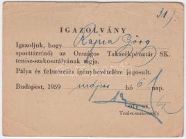 1959 OTP tenisz szakosztály igazolvány