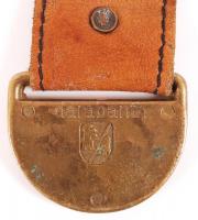 cca 1930 Bronz tégely bőr szíjon, végein Berlin-címeres nehezékekkel / 
Bronze bowl on leather strap...