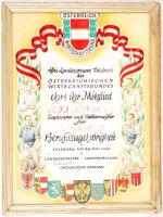 1949 Osztrák szíjgyártó és tapétázó díszoklevél, üvegezett keretben, 40×30 cm