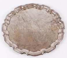 Cavalier, jelzett, ezüstözött, vésett fém tál /  Cavalier silver plated metal tray with carved floral decoration, d: 37cm