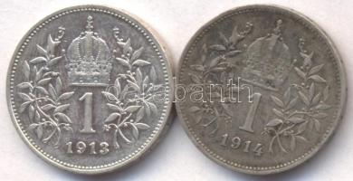 Ausztria 1912-13. 1K Ag "Ferenc József" (2x) T:2 Austria 1912-13. 1 Corona Ag "Franz Joseph" (2x) C:XF