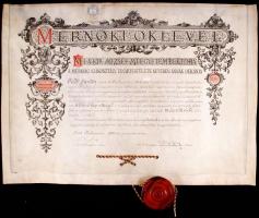 1896 Mérnöki pergamen oklevél szép viaszpecséttel a fa fedél nélkül /  1896 Ingeniur pergamin warrant 70x45 cm