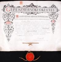 1905 Gépészmérnöki pergamen oklevél szép viaszpecséttel a fa fedél nélkül /  1905 Ingeniur pergamin warrant 70x45 cm