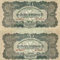 1944. 20P "V.H." (2x) az egyikben vágási hiba, erősen lecsúszott nyomat, felül teljes hosszban fehér csík! T:I,I-